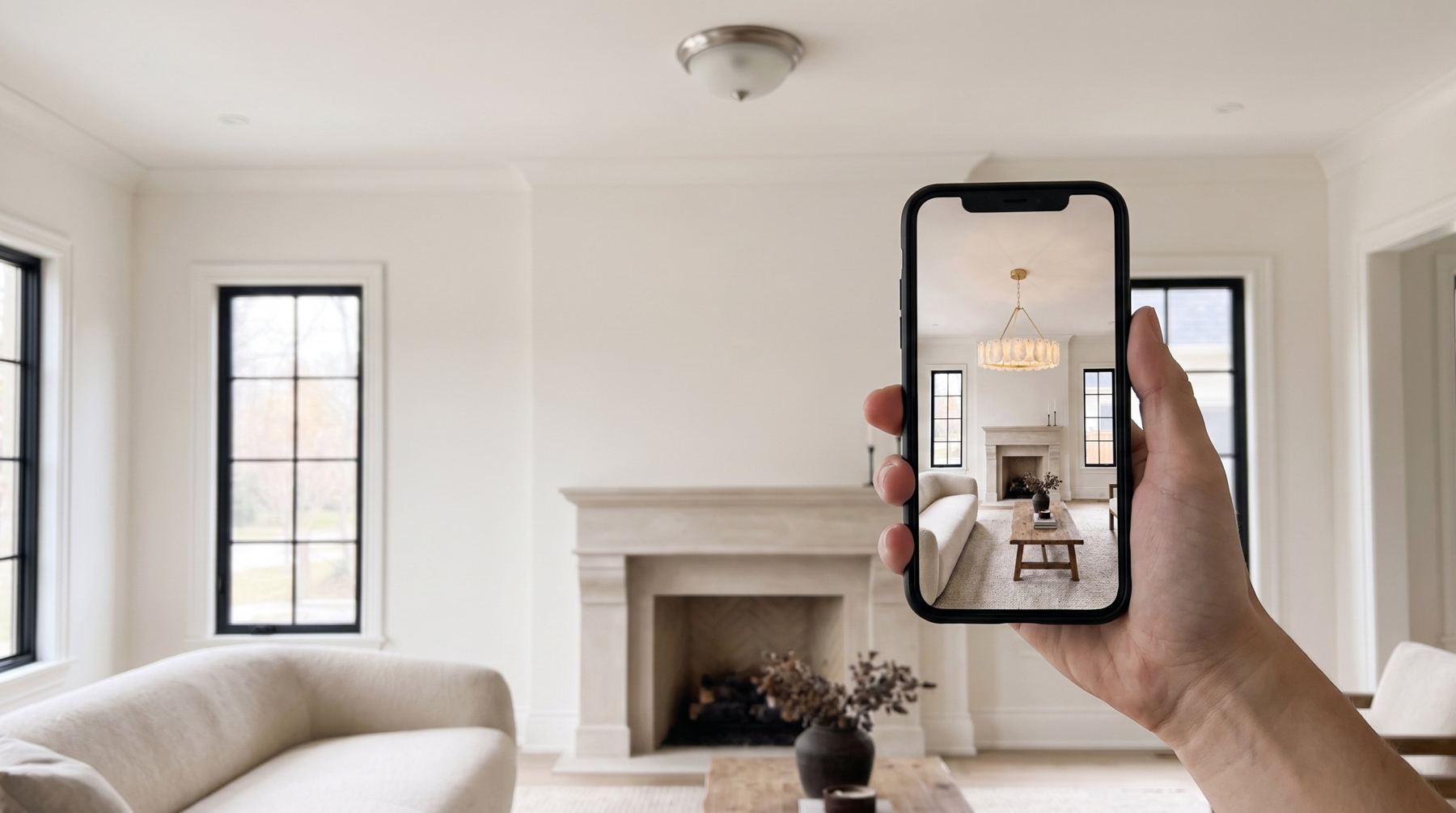 A hand holding a phone up to a living room; on the screen the same room shows the Alba chandelier already hanging
